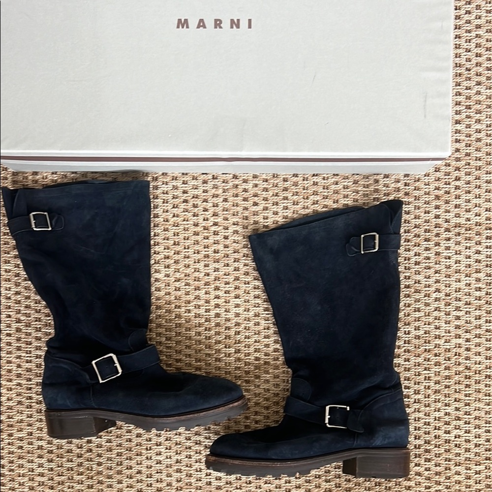 Marni Buckle Suede Boots in Navy